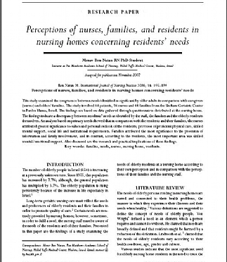 Perceptions of nurses, families, and residents in nursing homes concerning residents’ needs (הגדל)